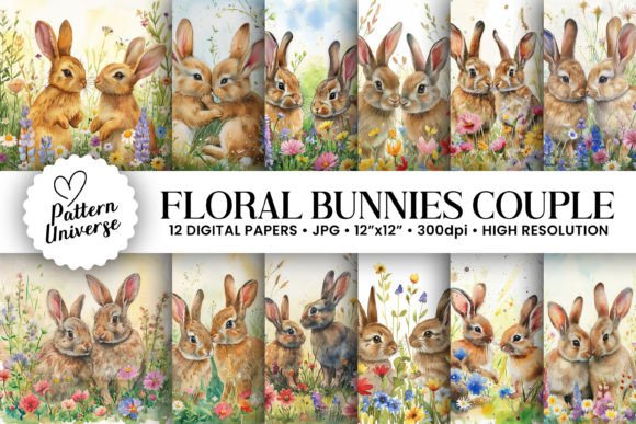 Floral Bunnies Couple Backgrounds: A Designer's Delight