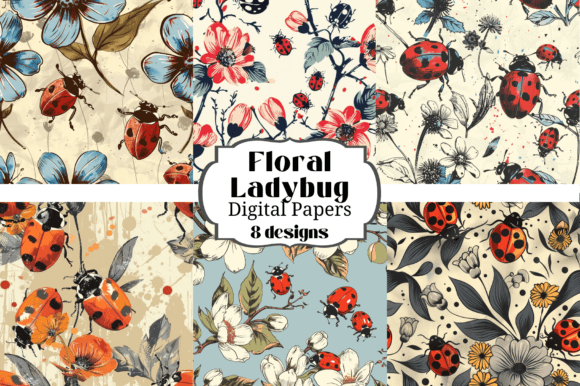 Floral Ladybug Digital Paper Backgrounds for Creative Projects