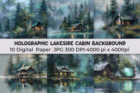 Infuse Your Projects with Iridescent Serenity: Holographic Lakeside Cabin Backgrounds