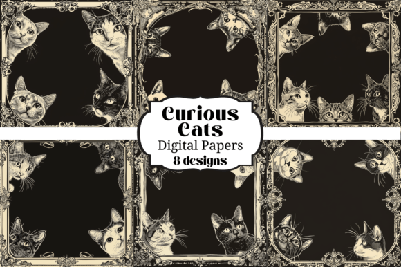 Unleashing Feline Charm: 8 Curious Cats Digital Paper Backgrounds
